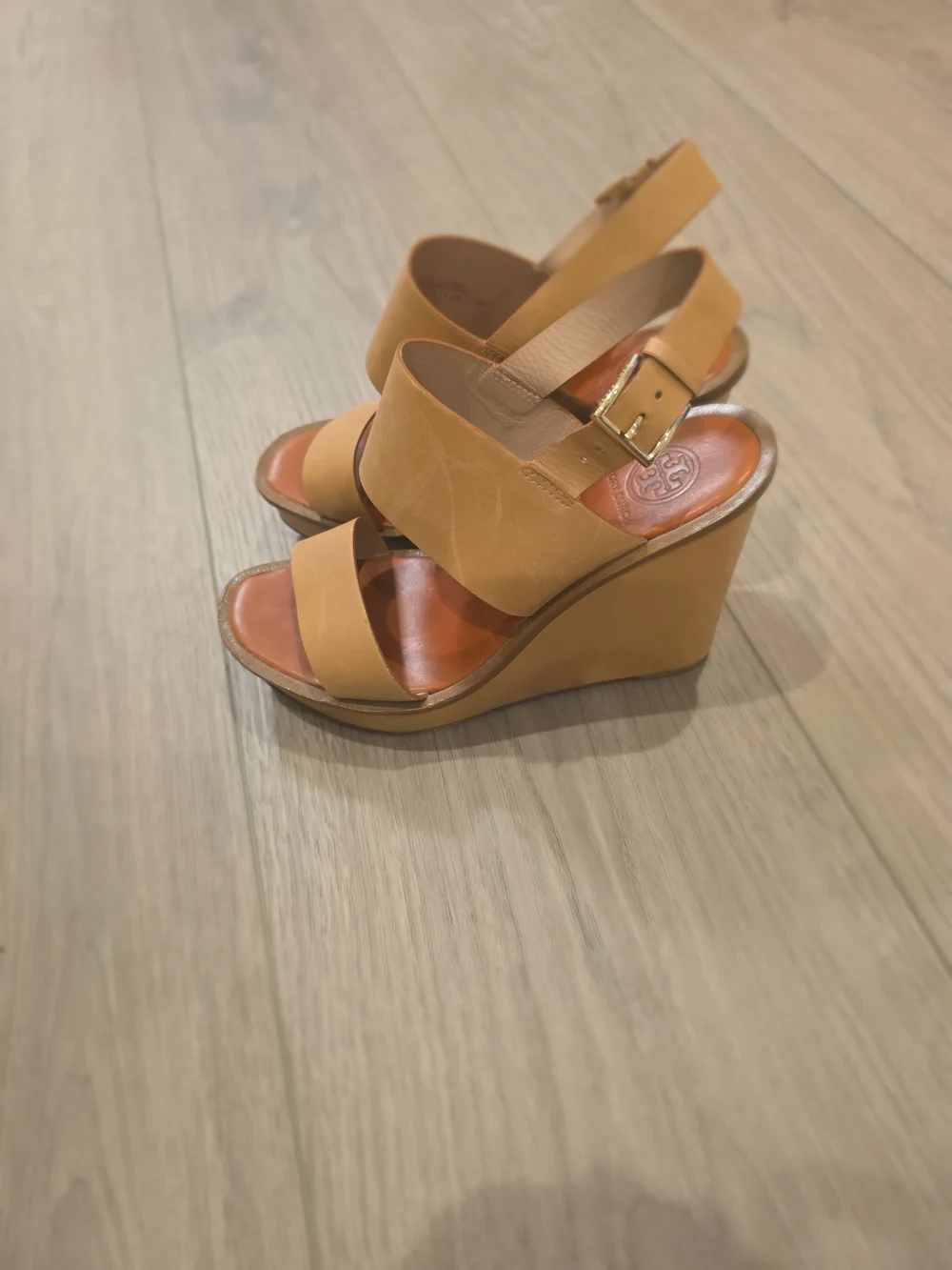 Tory Burch Tan Leather Wedge Slingback Sandals